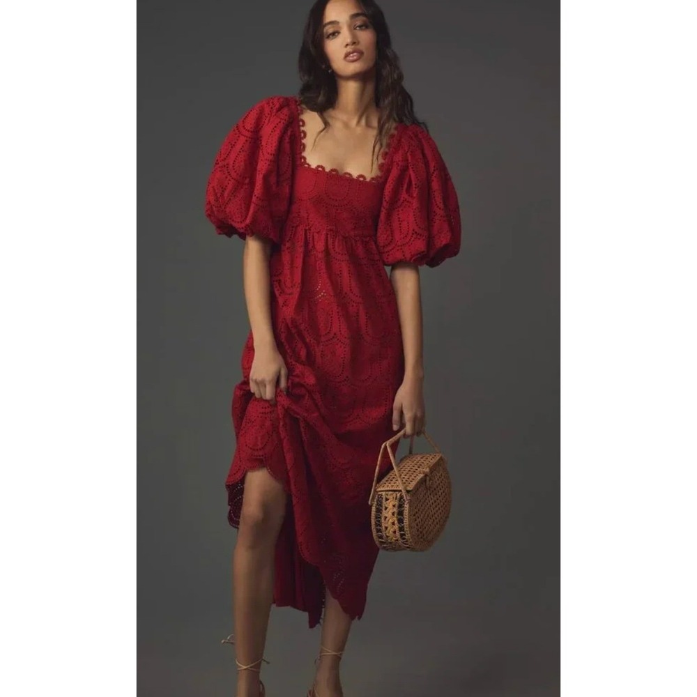 Farm Rio x Anthropologie Pineapple Eyelet Puff-Sleeve Square-Neck Dress XXS